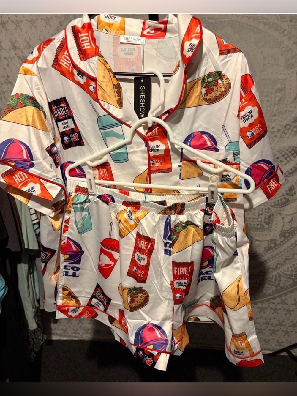 🌮 🥤 SHESHOW Taco Bell Silky Pajama Shorts/Short Sleeve Set | XL | NWT 🌮 🥤